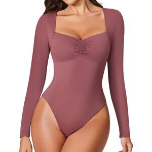 Women's Sexy Sweetheart Neckline Purple Red Bodysuit Long Sleeve Double Tops